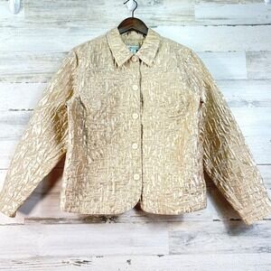 Coldwater Creek Womens Gold Leaf Jacquard Crinkle Jacket Metallic Champagne M